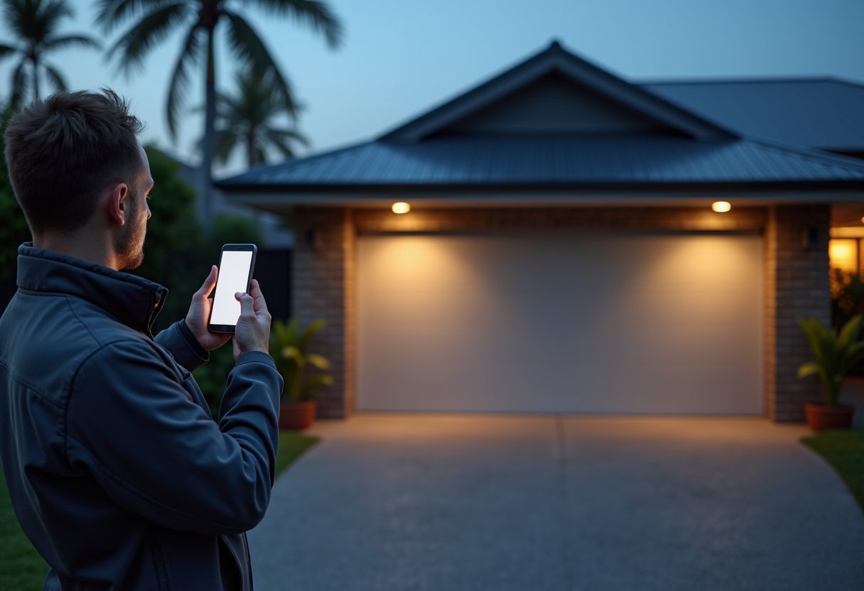 Smart garage door opener installation at dusk — Windsor